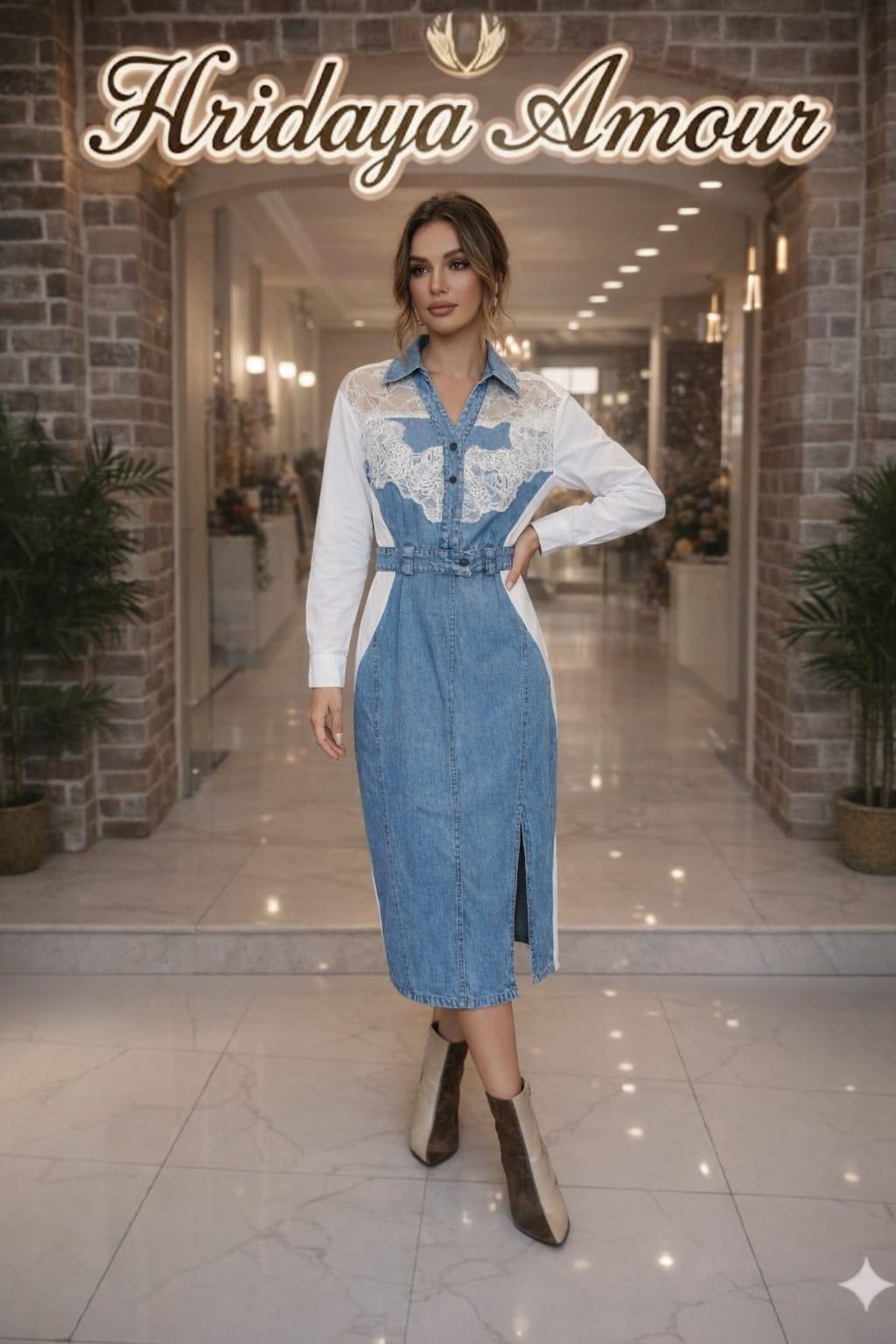 Model in a powder blue denim midi dress with lace shirt bodice