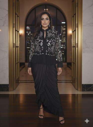 Model in a black embroidered jacket with gathered draped skirt