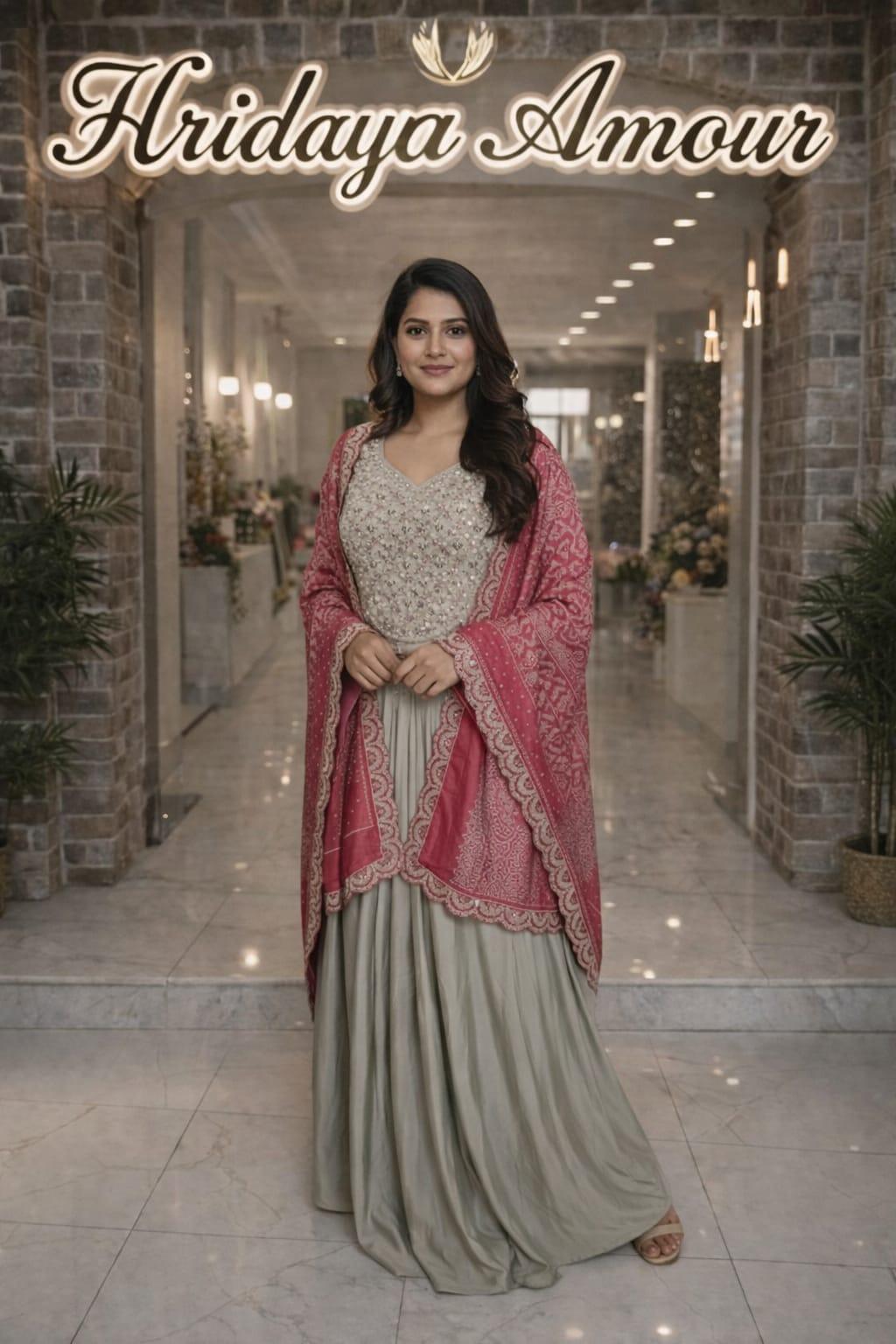 Model in a pearl-embroidered occasion set with rose dupatta at the Hridaya Amour boutique entrance