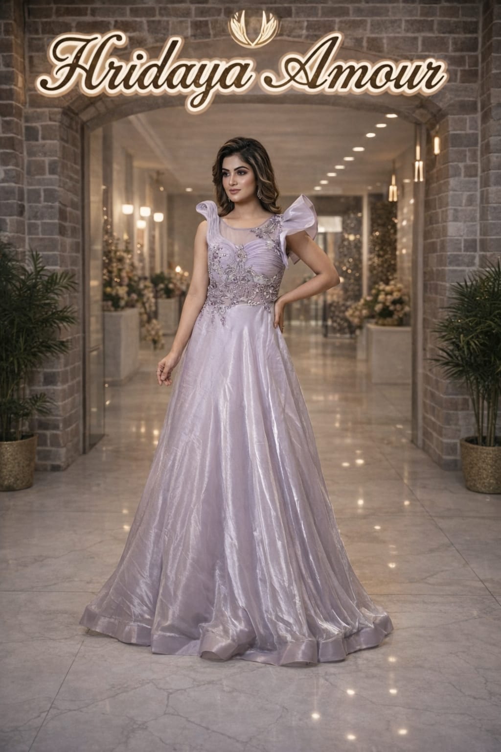 Model in a lilac embellished evening gown with sculpted shoulder detailing